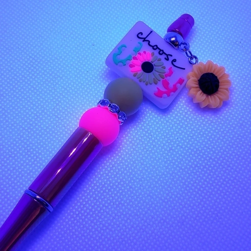 Handmade UV Iridescent Choose Joy Sunflower Beaded Silicone Focal Bead Pen